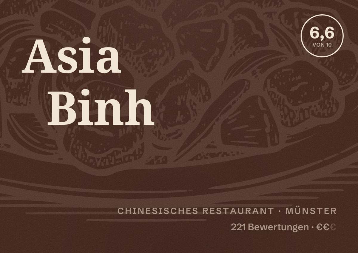 Illustriertes Poster von Asia Binh, Chinesisches Restaurant in Münster: Bewertung 6,6 von 10 aus 221 Bewertungen, Preisniveau €€