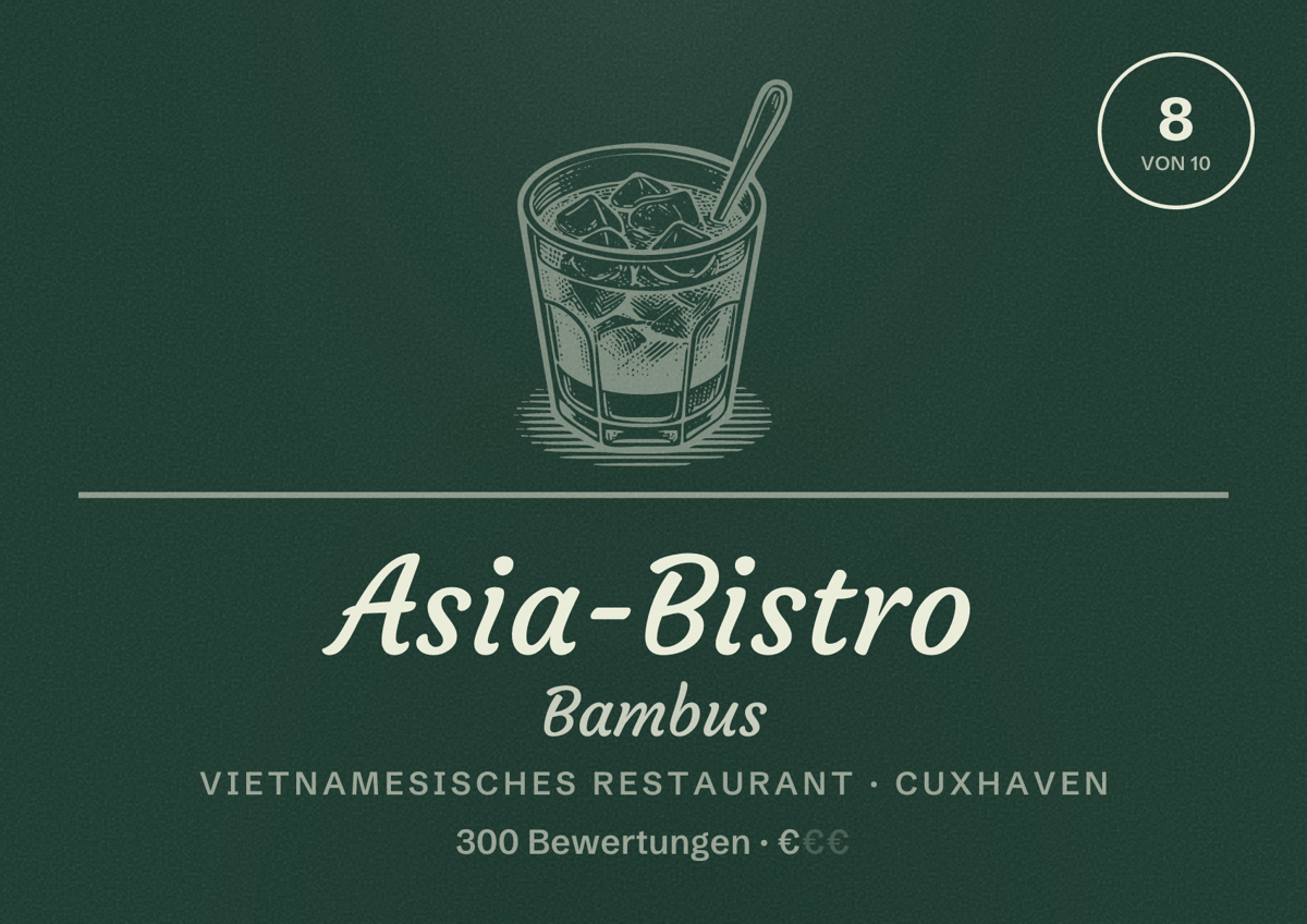 Illustriertes Poster von Asia-Bistro Bambus, Vietnamesisches Restaurant in Cuxhaven: Bewertung 8 von 10 aus 300 Bewertungen, Preisniveau €