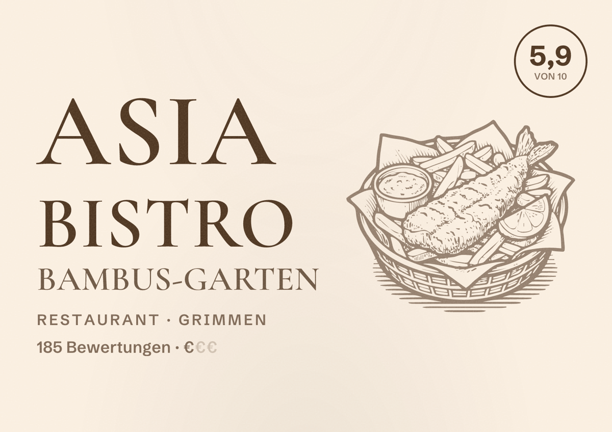 Illustriertes Poster von Asia Bistro Bambus-Garten, Restaurant in Grimmen: Bewertung 5,9 von 10 aus 185 Bewertungen, Preisniveau €