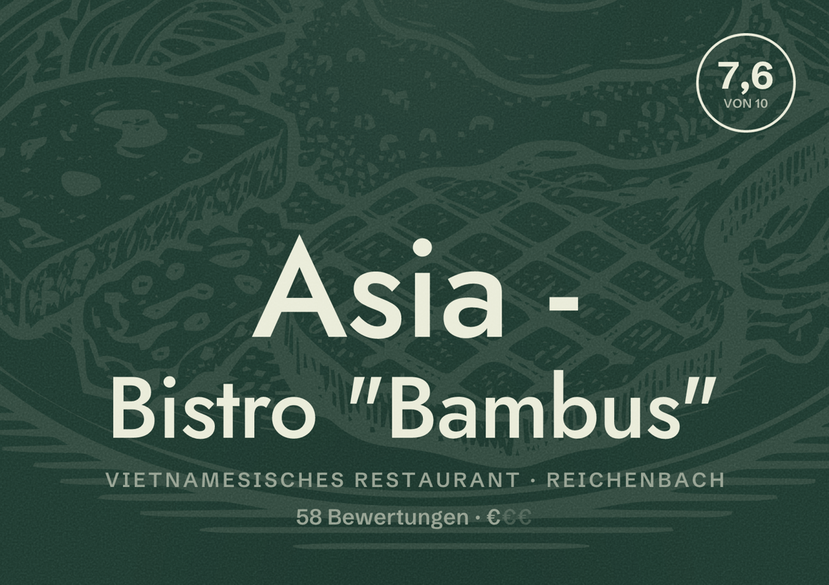 Illustriertes Poster von Asia - Bistro "Bambus", Vietnamesisches Restaurant in Reichenbach: Bewertung 7,6 von 10 aus 58 Bewertungen, Preisniveau €