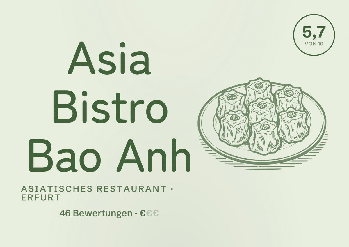 Illustriertes Poster von Asia Bistro Bao Anh, Asiatisches Restaurant in Erfurt: Bewertung 5,7 von 10 aus 46 Bewertungen, Preisniveau €