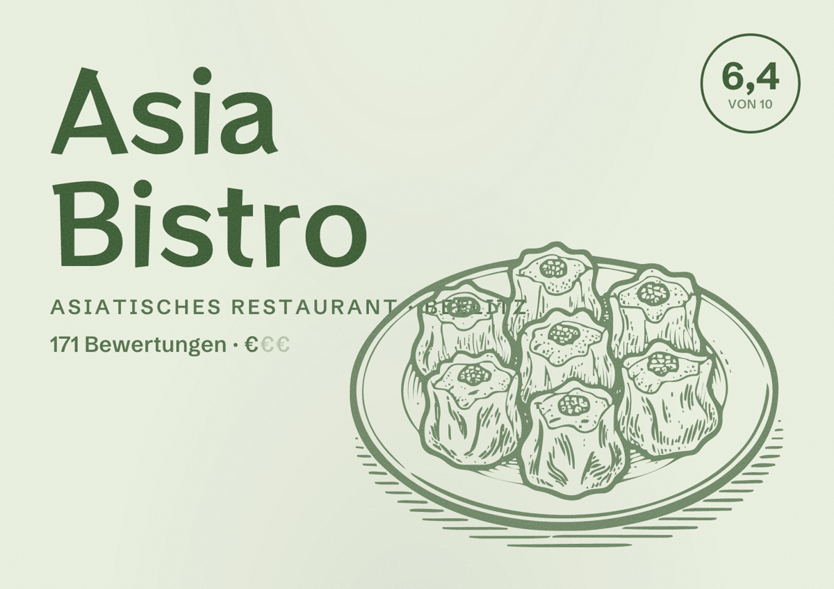 Illustriertes Poster von Asia Bistro, Asiatisches Restaurant in Beelitz: Bewertung 6,4 von 10 aus 171 Bewertungen, Preisniveau €
