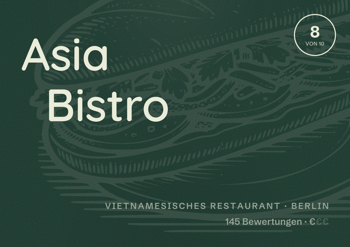 Illustriertes Poster von Asia Bistro, Vietnamesisches Restaurant in Berlin: Bewertung 8 von 10 aus 145 Bewertungen, Preisniveau €