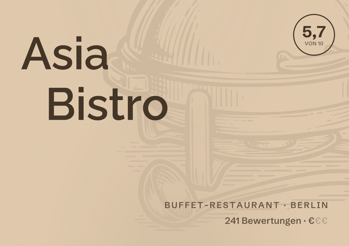 Illustriertes Poster von Asia Bistro, Buffet-Restaurant in Berlin: Bewertung 5,7 von 10 aus 241 Bewertungen, Preisniveau €
