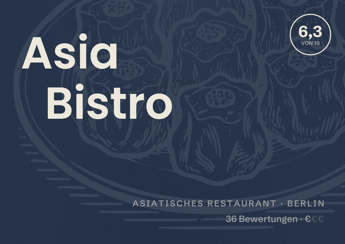 Illustriertes Poster von Asia Bistro, Asiatisches Restaurant in Berlin: Bewertung 6,3 von 10 aus 36 Bewertungen, Preisniveau €