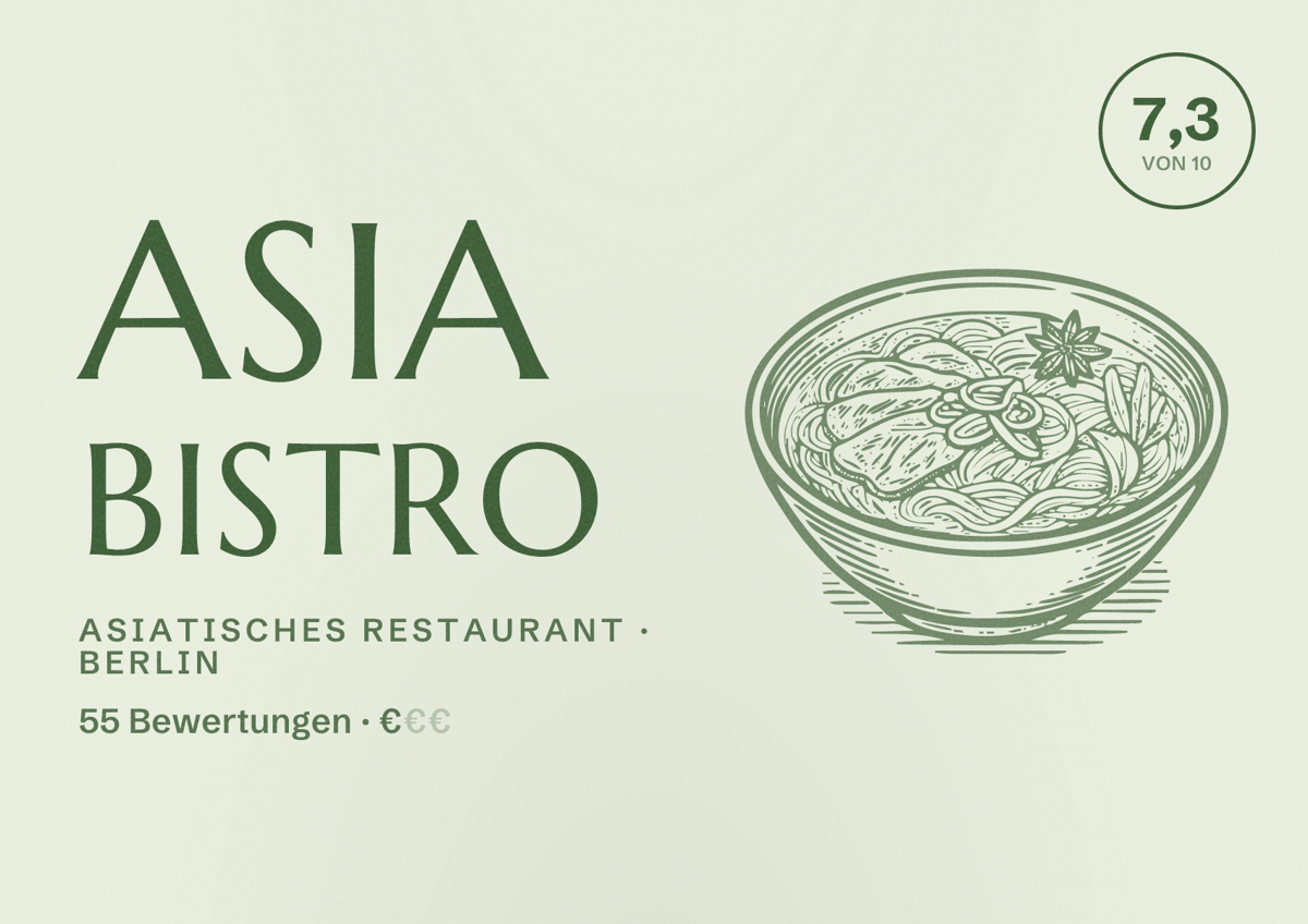 Illustriertes Poster von Asia Bistro, Asiatisches Restaurant in Berlin: Bewertung 7,3 von 10 aus 55 Bewertungen, Preisniveau €