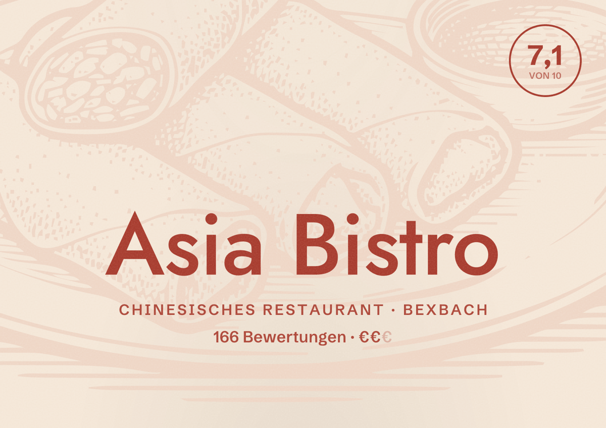 Illustriertes Poster von Asia Bistro, Chinesisches Restaurant in Bexbach: Bewertung 7,1 von 10 aus 166 Bewertungen, Preisniveau €€