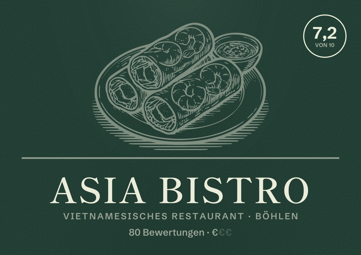 Illustriertes Poster von Asia Bistro, Vietnamesisches Restaurant in Böhlen: Bewertung 7,2 von 10 aus 80 Bewertungen, Preisniveau €