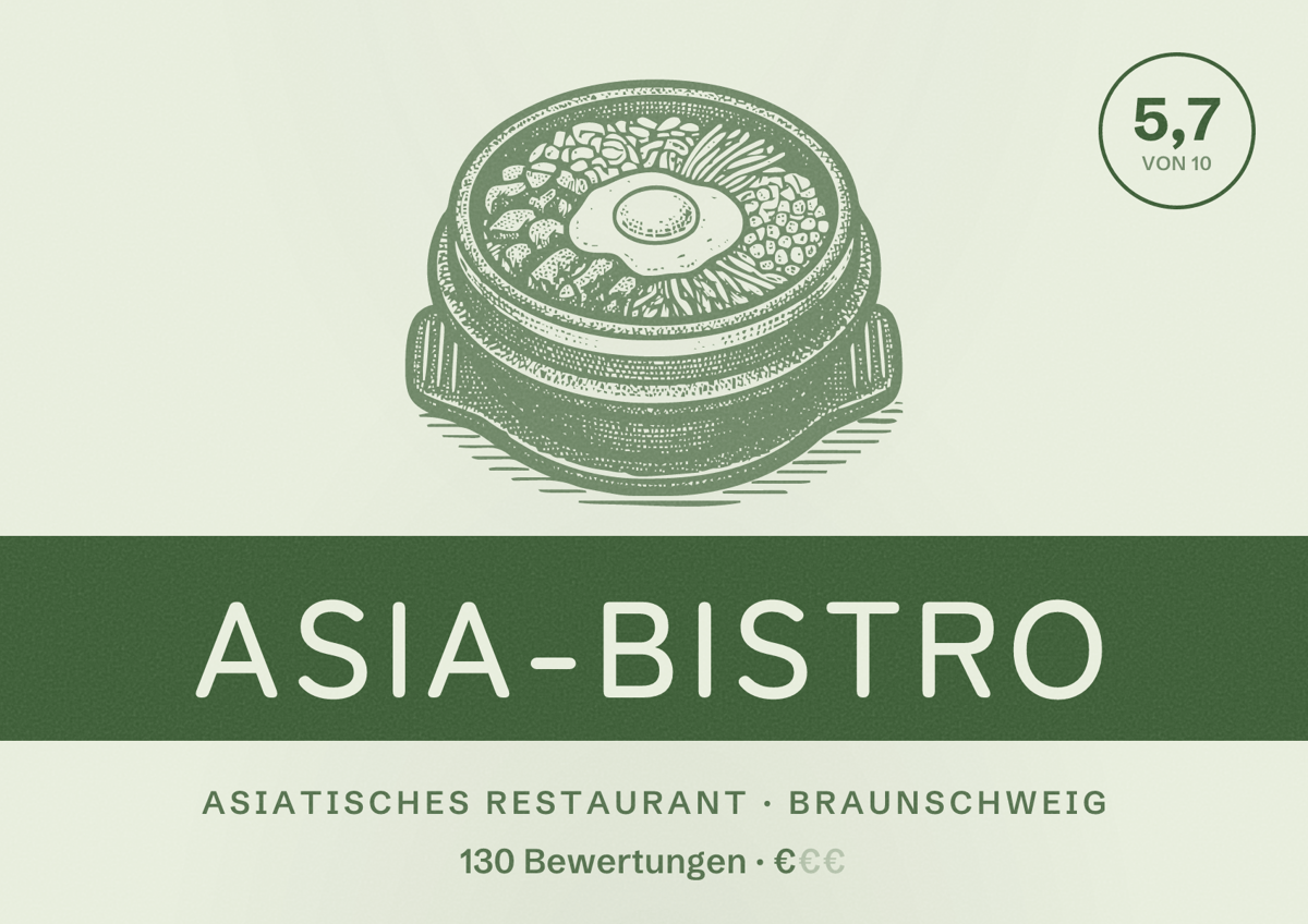 Illustriertes Poster von Asia-Bistro, Asiatisches Restaurant in Braunschweig: Bewertung 5,7 von 10 aus 130 Bewertungen, Preisniveau €