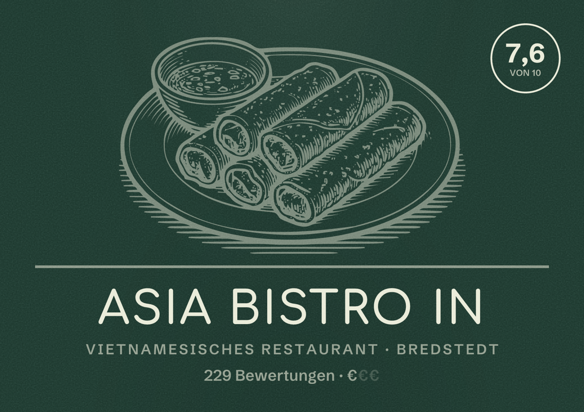 Illustriertes Poster von Asia Bistro in, Vietnamesisches Restaurant in Bredstedt: Bewertung 7,6 von 10 aus 229 Bewertungen, Preisniveau €