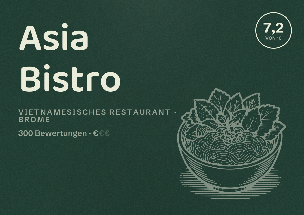 Illustriertes Poster von Asia Bistro, Vietnamesisches Restaurant in Brome: Bewertung 7,2 von 10 aus 300 Bewertungen, Preisniveau €