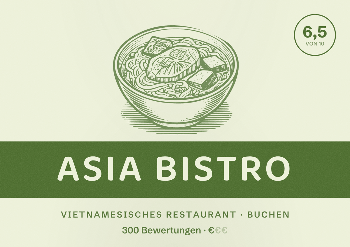 Illustriertes Poster von Asia Bistro, Vietnamesisches Restaurant in Buchen: Bewertung 6,5 von 10 aus 300 Bewertungen, Preisniveau €