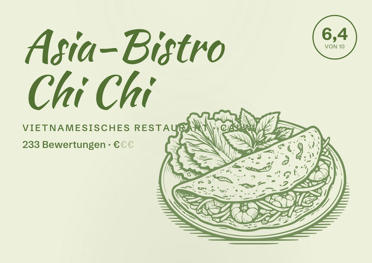 Illustriertes Poster von Asia-Bistro Chi Chi, Vietnamesisches Restaurant in Calw: Bewertung 6,4 von 10 aus 233 Bewertungen, Preisniveau €