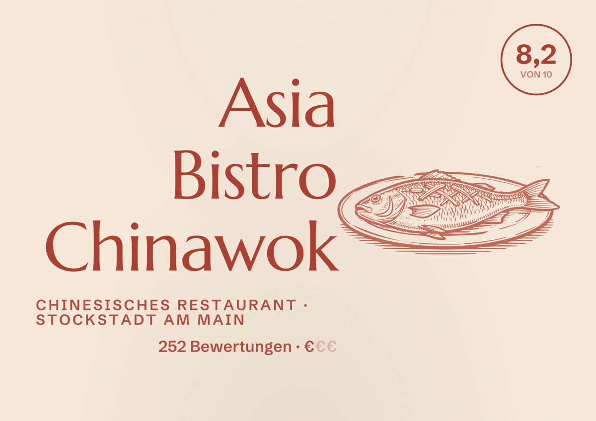 Illustriertes Poster von Asia Bistro Chinawok, Chinesisches Restaurant in Stockstadt am Main: Bewertung 8,2 von 10 aus 252 Bewertungen, Preisniveau €