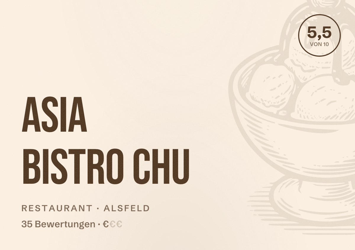 Illustriertes Poster von Asia Bistro Chu, Restaurant in Alsfeld: Bewertung 5,5 von 10 aus 35 Bewertungen, Preisniveau €