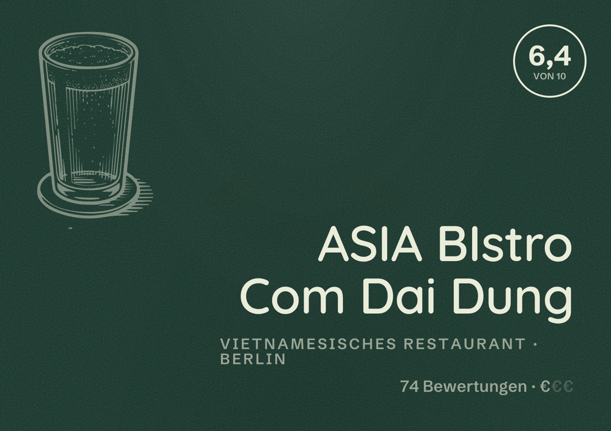 Illustriertes Poster von ASIA BIstro Com Dai Dung, Vietnamesisches Restaurant in Berlin: Bewertung 6,4 von 10 aus 74 Bewertungen, Preisniveau €