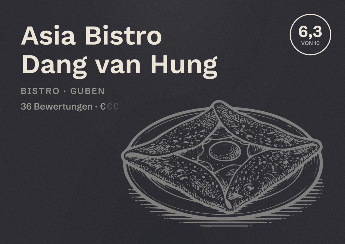 Illustriertes Poster von Asia Bistro Dang van Hung, Bistro in Guben: Bewertung 6,3 von 10 aus 36 Bewertungen, Preisniveau €