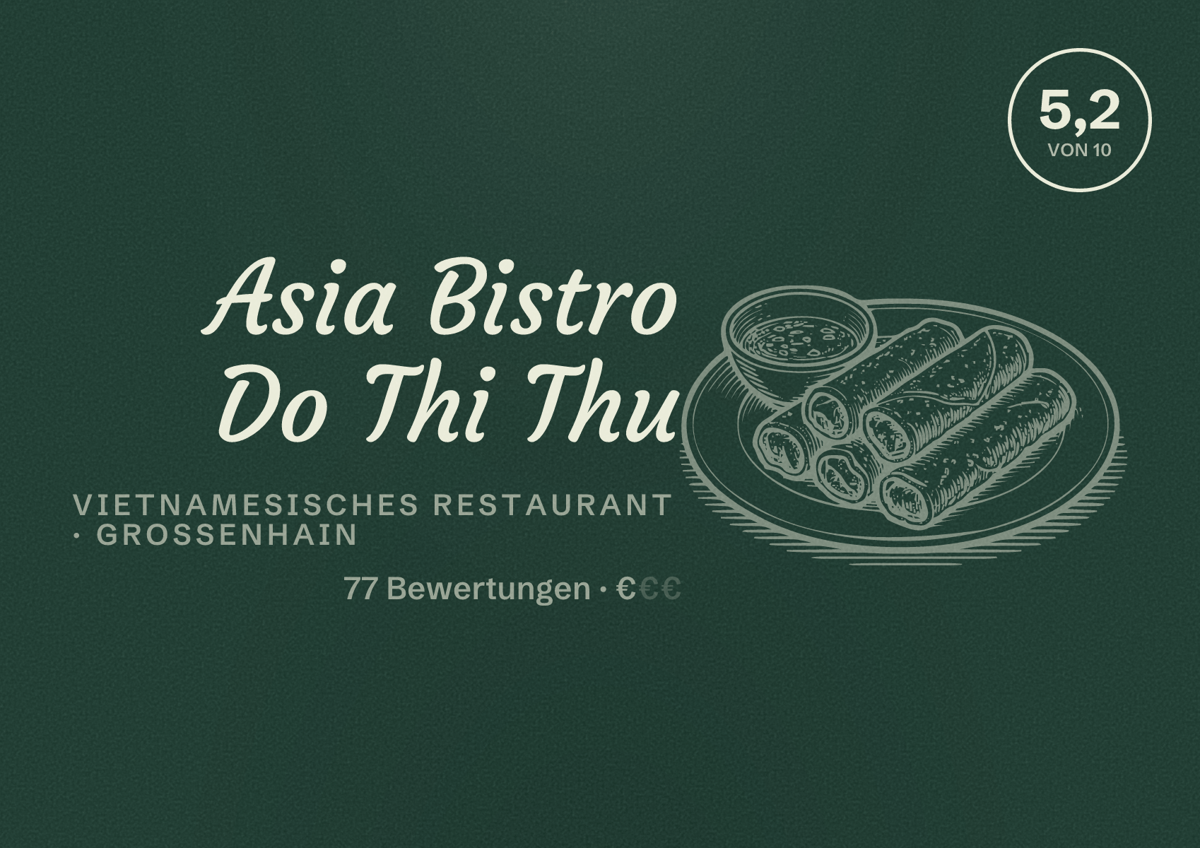 Illustriertes Poster von Asia Bistro Do Thi Thu, Vietnamesisches Restaurant in Großenhain: Bewertung 5,2 von 10 aus 77 Bewertungen, Preisniveau €