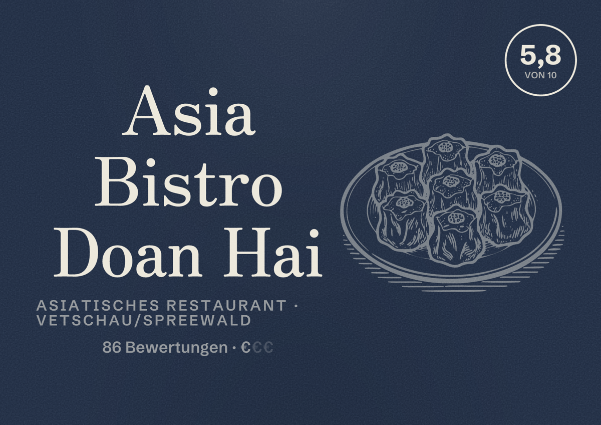 Illustriertes Poster von Asia Bistro Doan Hai, Asiatisches Restaurant in Vetschau/Spreewald: Bewertung 5,8 von 10 aus 86 Bewertungen, Preisniveau €