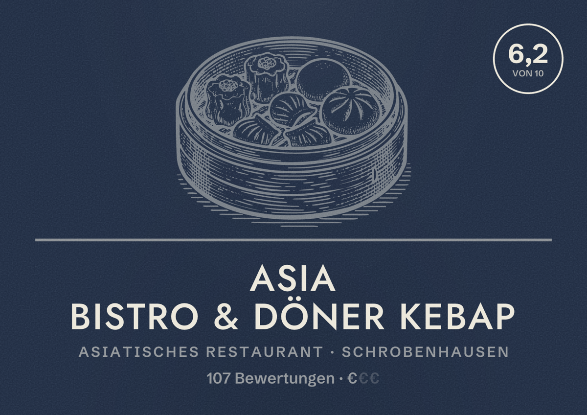 Illustriertes Poster von Asia Bistro & Döner Kebap, Asiatisches Restaurant in Schrobenhausen: Bewertung 6,2 von 10 aus 107 Bewertungen, Preisniveau €