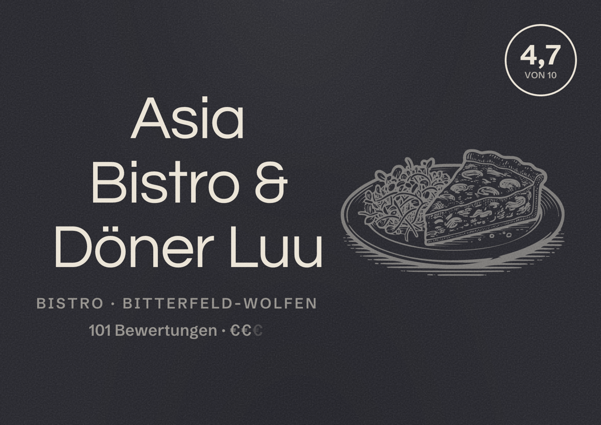 Illustriertes Poster von Asia Bistro & Döner Luu, Bistro in Bitterfeld-Wolfen: Bewertung 4,7 von 10 aus 101 Bewertungen, Preisniveau €€