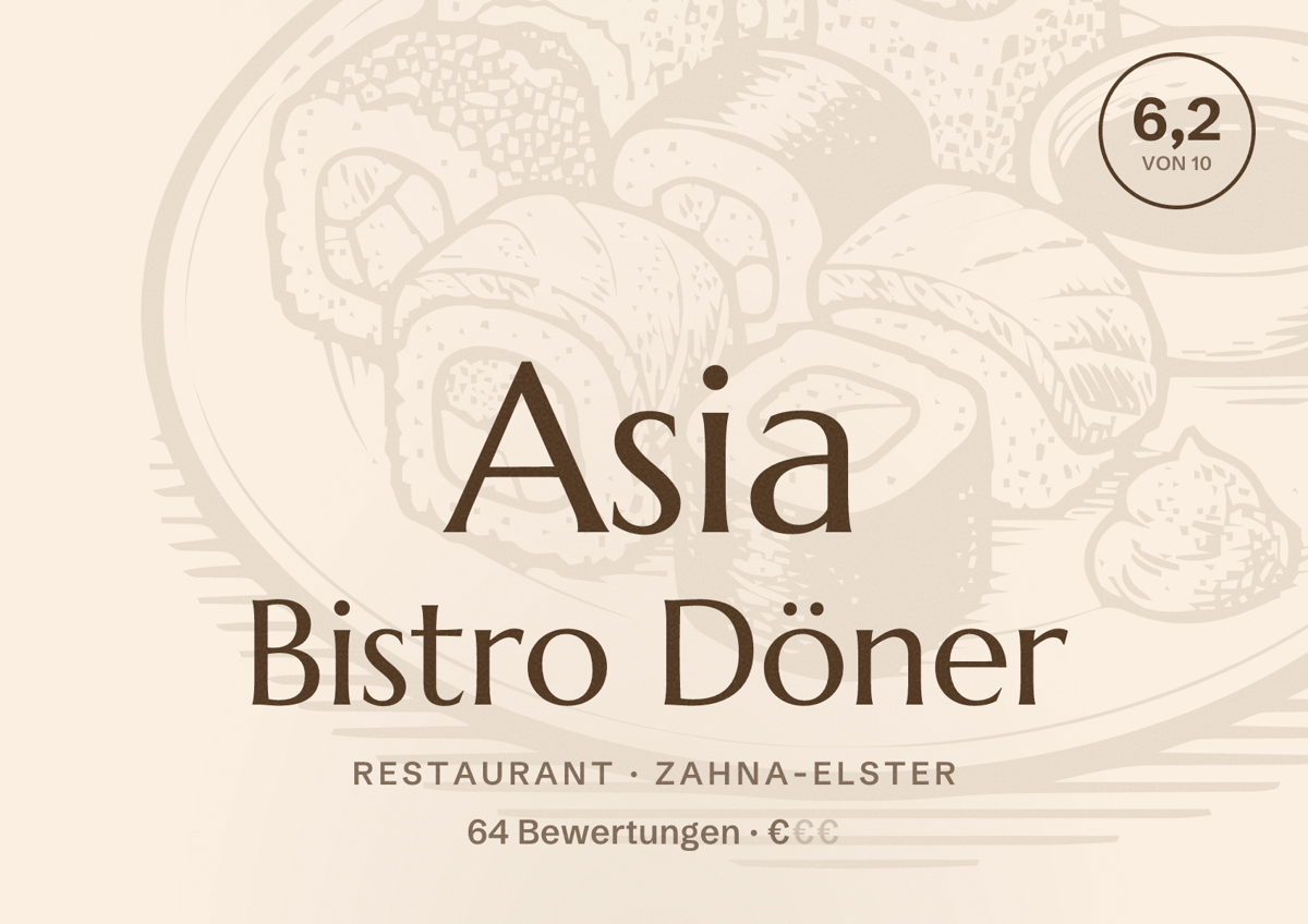 Illustriertes Poster von Asia Bistro Döner, Restaurant in Zahna-Elster: Bewertung 6,2 von 10 aus 64 Bewertungen, Preisniveau €