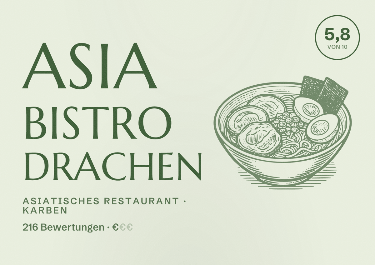 Illustriertes Poster von Asia Bistro Drachen, Asiatisches Restaurant in Karben: Bewertung 5,8 von 10 aus 216 Bewertungen, Preisniveau €