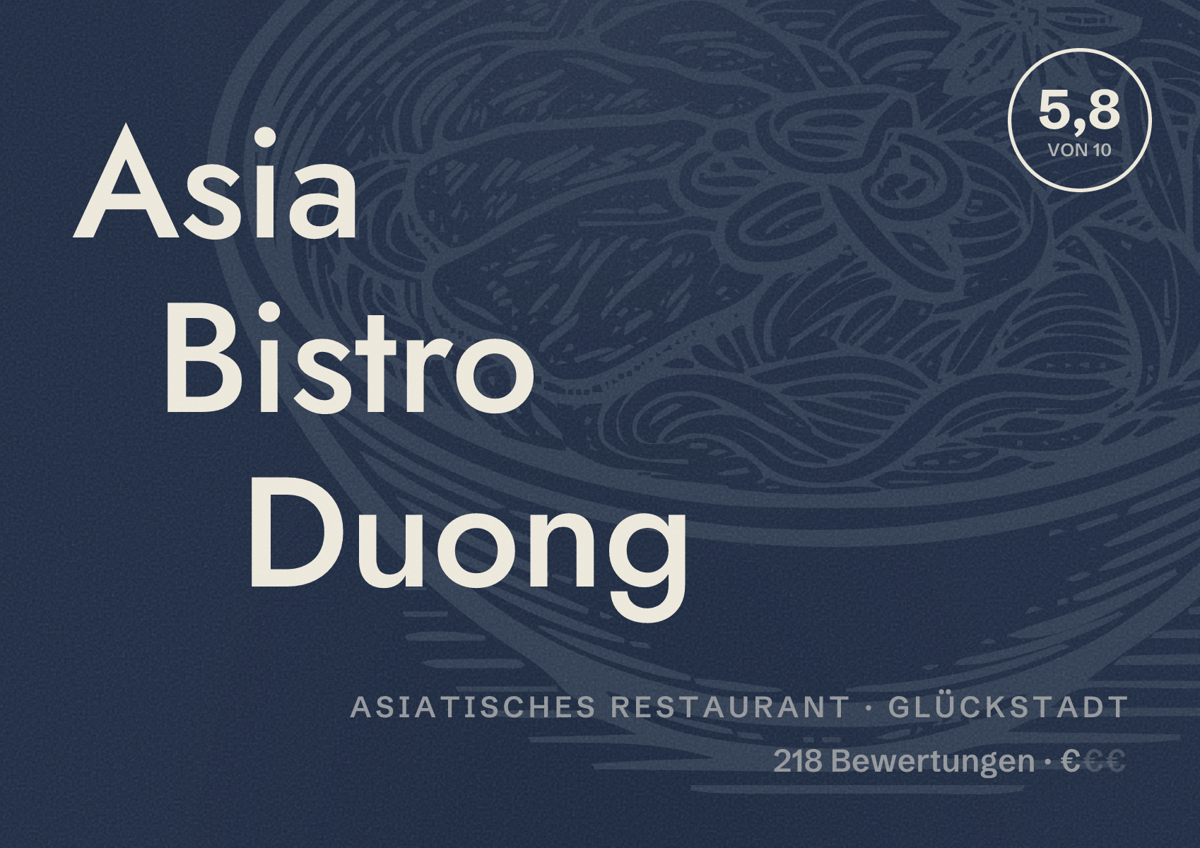 Illustriertes Poster von Asia Bistro Duong, Asiatisches Restaurant in Glückstadt: Bewertung 5,8 von 10 aus 218 Bewertungen, Preisniveau €