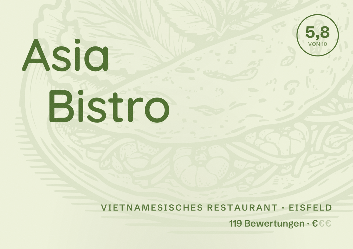 Illustriertes Poster von Asia Bistro, Vietnamesisches Restaurant in Eisfeld: Bewertung 5,8 von 10 aus 119 Bewertungen, Preisniveau €