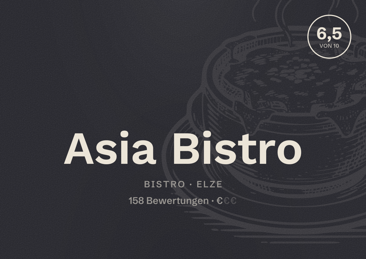 Illustriertes Poster von Asia Bistro, Bistro in Elze: Bewertung 6,5 von 10 aus 158 Bewertungen, Preisniveau €