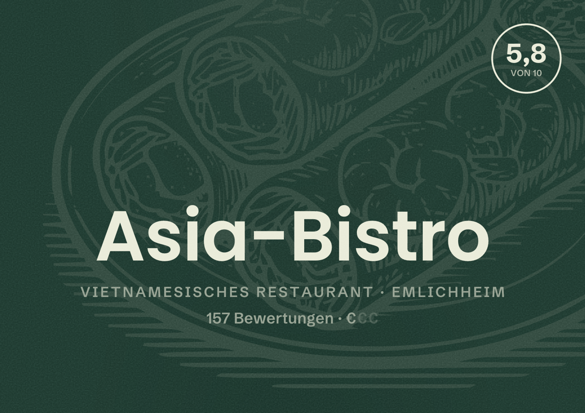 Illustriertes Poster von Asia-Bistro, Vietnamesisches Restaurant in Emlichheim: Bewertung 5,8 von 10 aus 157 Bewertungen, Preisniveau €