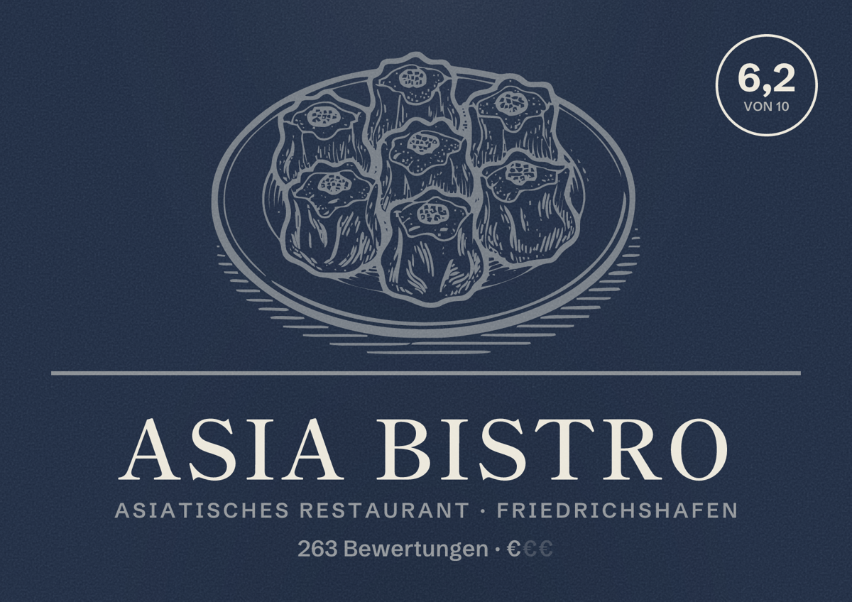 Illustriertes Poster von Asia Bistro, Asiatisches Restaurant in Friedrichshafen: Bewertung 6,2 von 10 aus 263 Bewertungen, Preisniveau €