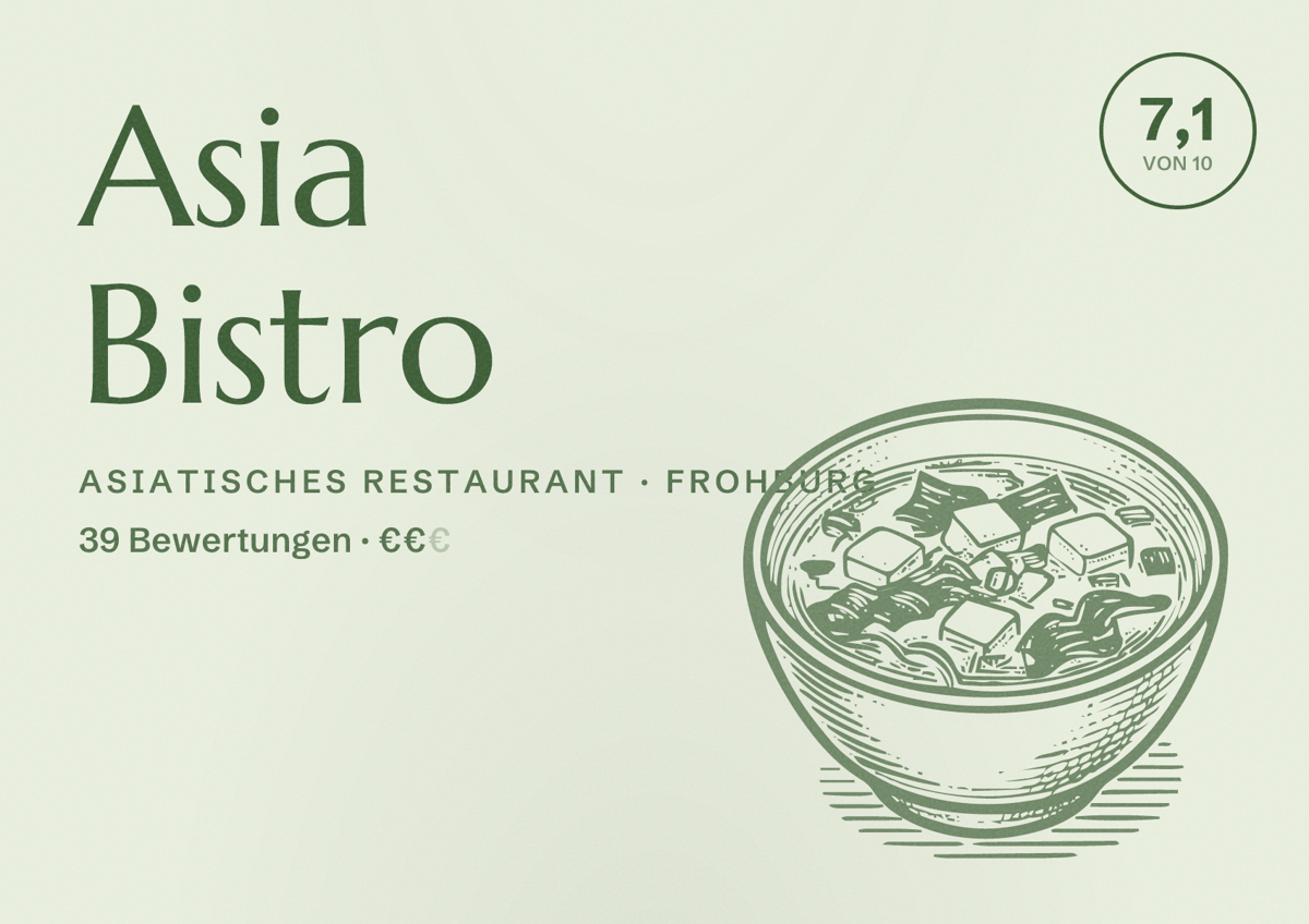 Illustriertes Poster von Asia Bistro, Asiatisches Restaurant in Frohburg: Bewertung 7,1 von 10 aus 39 Bewertungen, Preisniveau €€