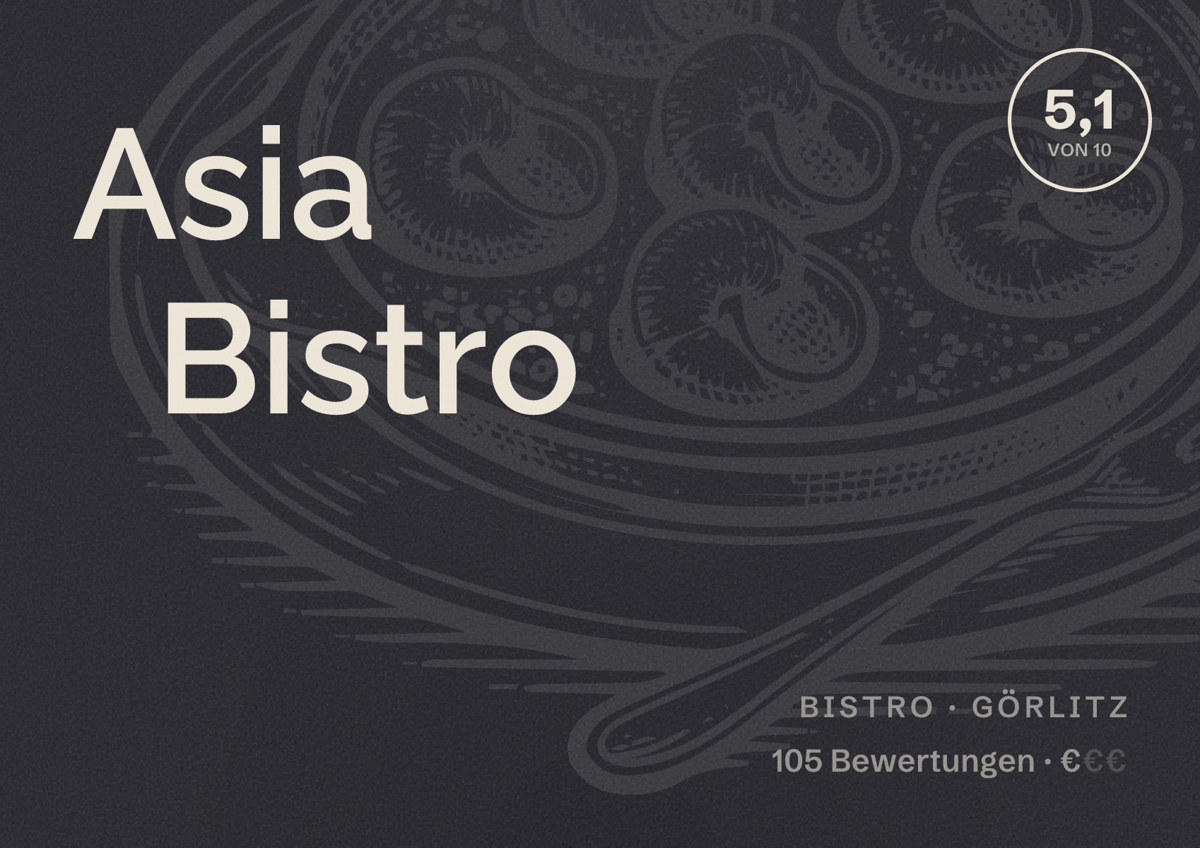 Illustriertes Poster von Asia Bistro, Bistro in Görlitz: Bewertung 5,1 von 10 aus 105 Bewertungen, Preisniveau €