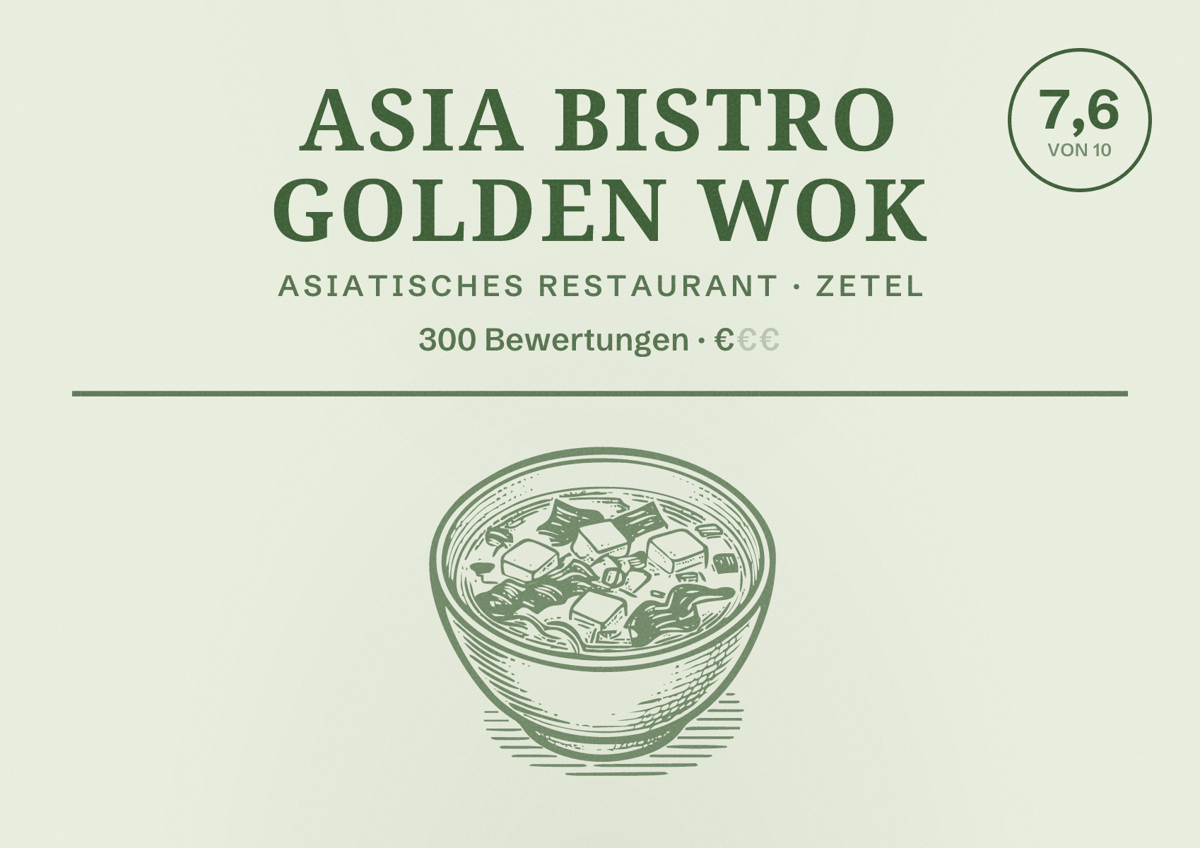 Illustriertes Poster von Asia Bistro Golden Wok, Asiatisches Restaurant in Zetel: Bewertung 7,6 von 10 aus 300 Bewertungen, Preisniveau €