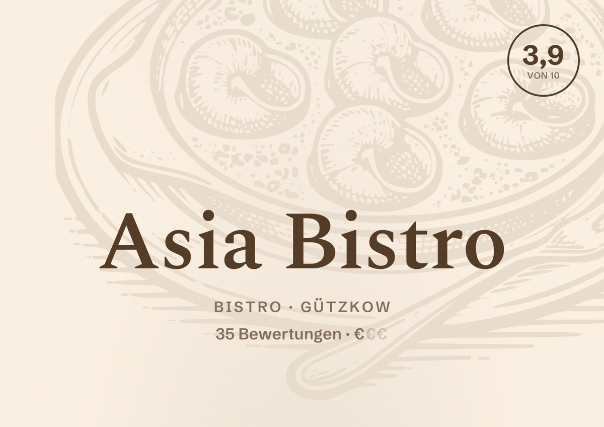 Illustriertes Poster von Asia Bistro, Bistro in Gützkow: Bewertung 3,9 von 10 aus 35 Bewertungen, Preisniveau €