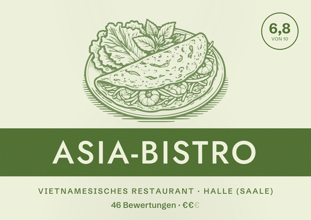 Illustriertes Poster von Asia-Bistro, Vietnamesisches Restaurant in Halle (Saale): Bewertung 6,8 von 10 aus 46 Bewertungen, Preisniveau €€
