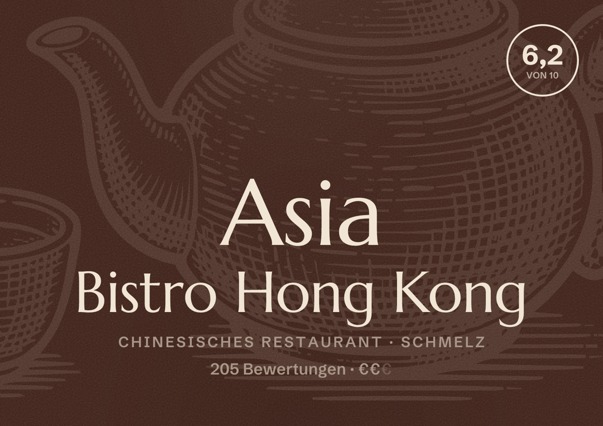 Illustriertes Poster von Asia Bistro Hong Kong, Chinesisches Restaurant in Schmelz: Bewertung 6,2 von 10 aus 205 Bewertungen, Preisniveau €€