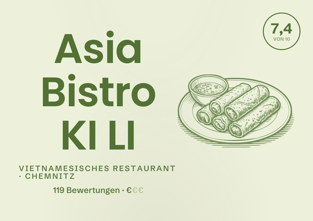 Illustriertes Poster von Asia Bistro KI LI, Vietnamesisches Restaurant in Chemnitz: Bewertung 7,4 von 10 aus 119 Bewertungen, Preisniveau €
