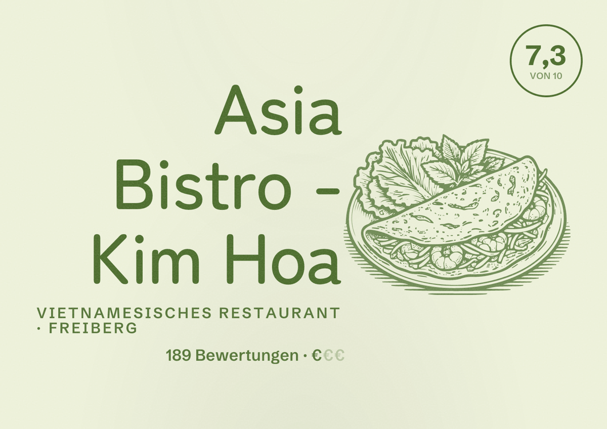 Illustriertes Poster von Asia Bistro - Kim Hoa, Vietnamesisches Restaurant in Freiberg: Bewertung 7,3 von 10 aus 189 Bewertungen, Preisniveau €