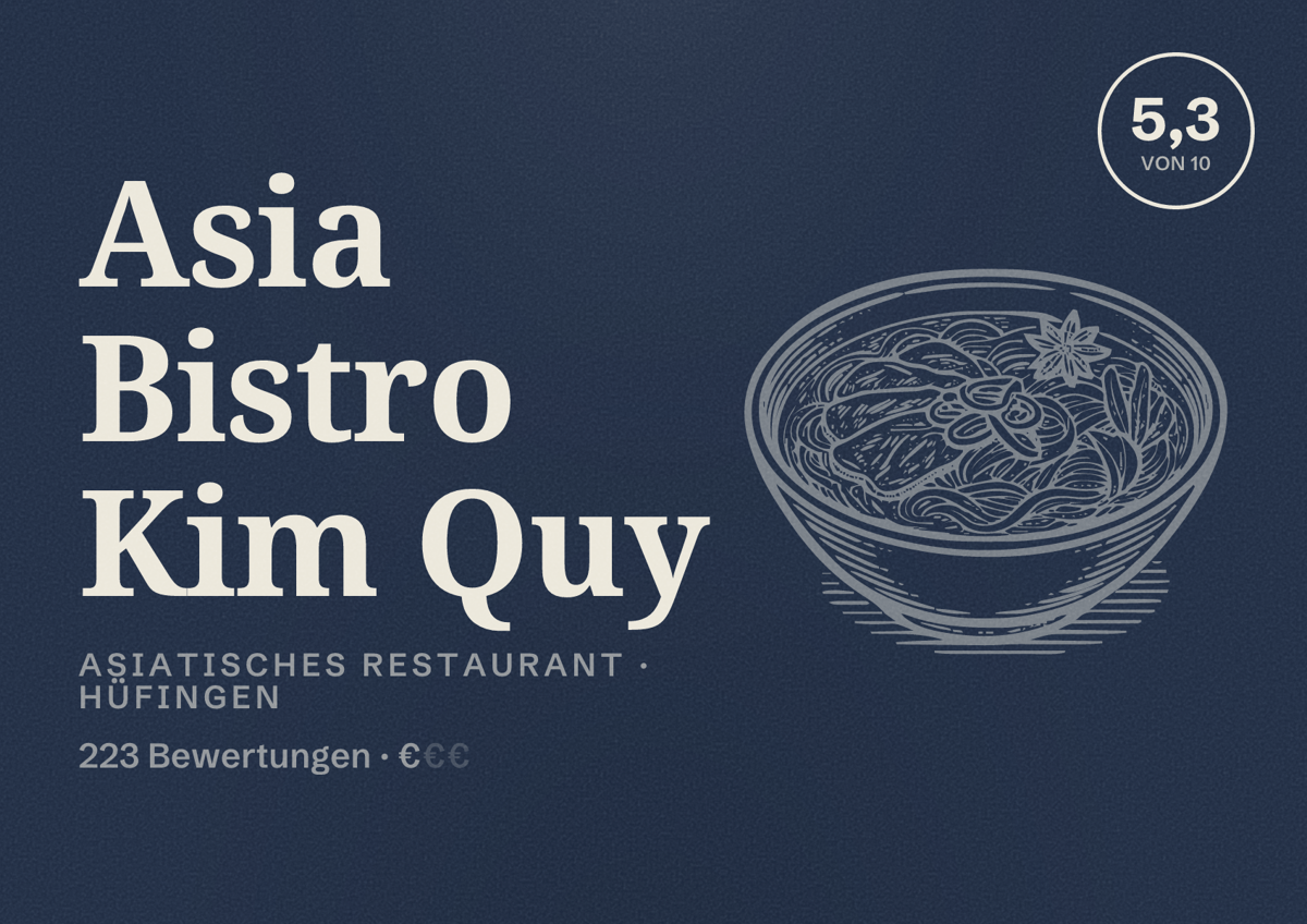 Illustriertes Poster von Asia Bistro Kim Quy, Asiatisches Restaurant in Hüfingen: Bewertung 5,3 von 10 aus 223 Bewertungen, Preisniveau €