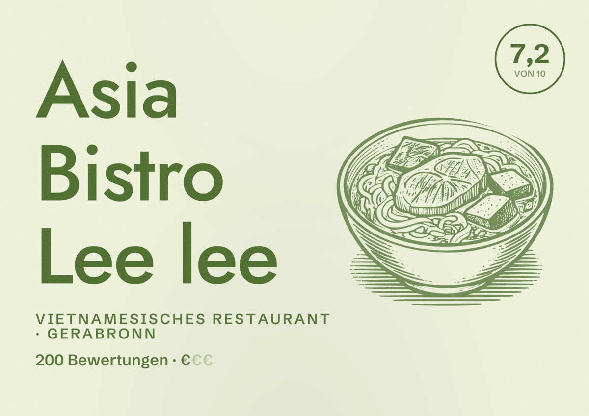 Illustriertes Poster von Asia Bistro Lee lee, Vietnamesisches Restaurant in Gerabronn: Bewertung 7,2 von 10 aus 200 Bewertungen, Preisniveau €