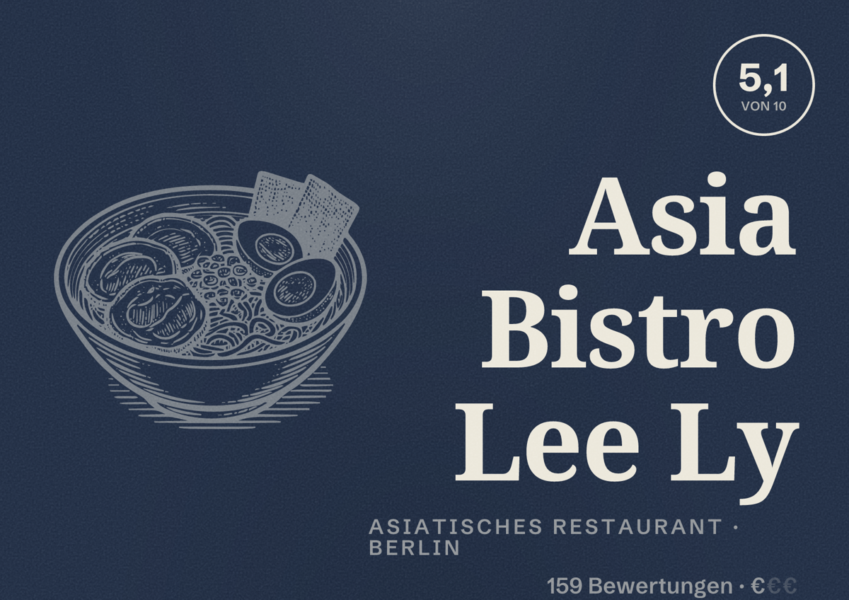 Illustriertes Poster von Asia Bistro Lee Ly, Asiatisches Restaurant in Berlin: Bewertung 5,1 von 10 aus 159 Bewertungen, Preisniveau €