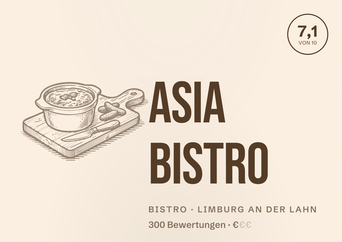 Illustriertes Poster von Asia Bistro, Bistro in Limburg an der Lahn: Bewertung 7,1 von 10 aus 300 Bewertungen, Preisniveau €