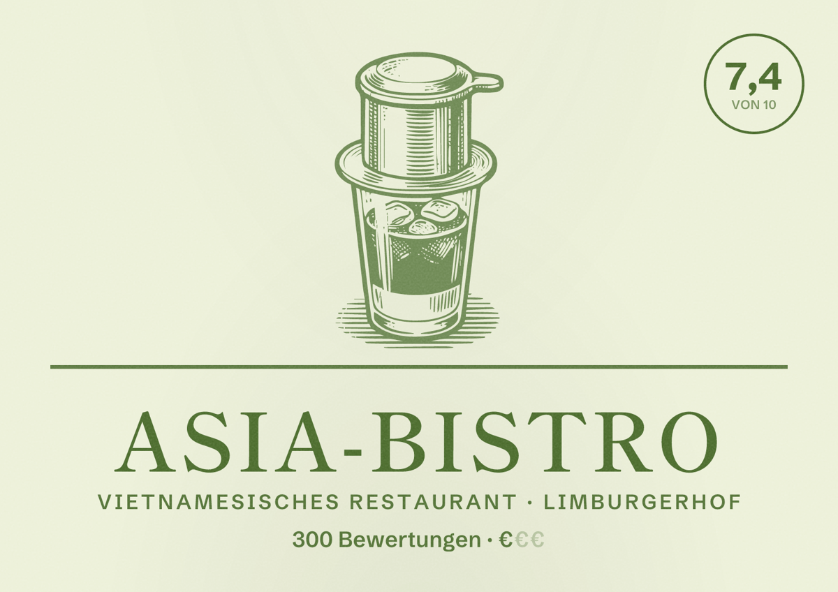 Illustriertes Poster von Asia-Bistro, Vietnamesisches Restaurant in Limburgerhof: Bewertung 7,4 von 10 aus 300 Bewertungen, Preisniveau €