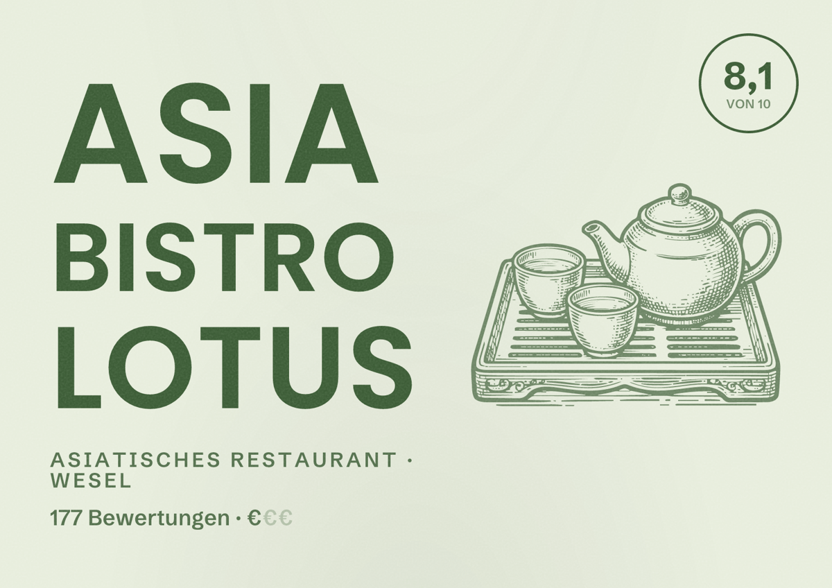 Illustriertes Poster von Asia Bistro Lotus, Asiatisches Restaurant in Wesel: Bewertung 8,1 von 10 aus 177 Bewertungen, Preisniveau €