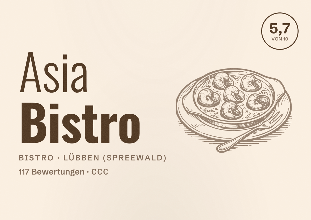 Illustriertes Poster von Asia Bistro, Bistro in Lübben (Spreewald): Bewertung 5,7 von 10 aus 117 Bewertungen, Preisniveau €€€