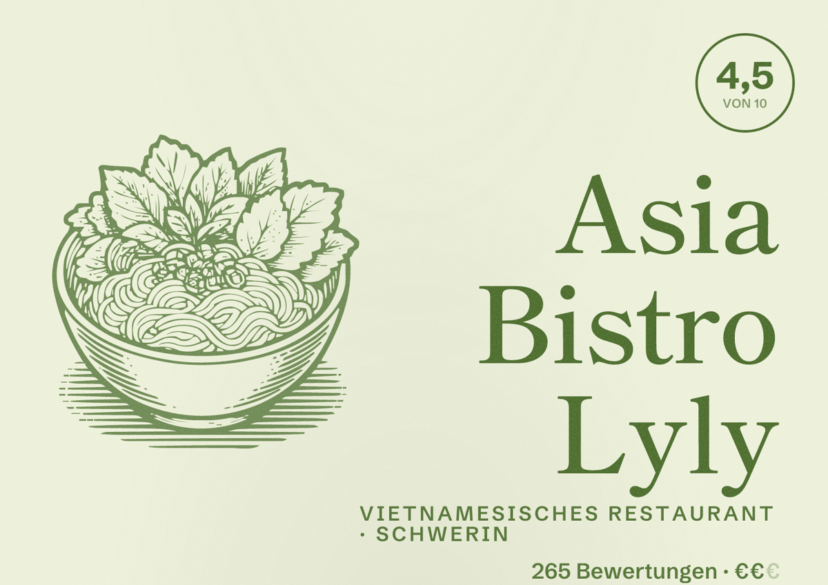 Illustriertes Poster von Asia Bistro Lyly, Vietnamesisches Restaurant in Schwerin: Bewertung 4,5 von 10 aus 265 Bewertungen, Preisniveau €€