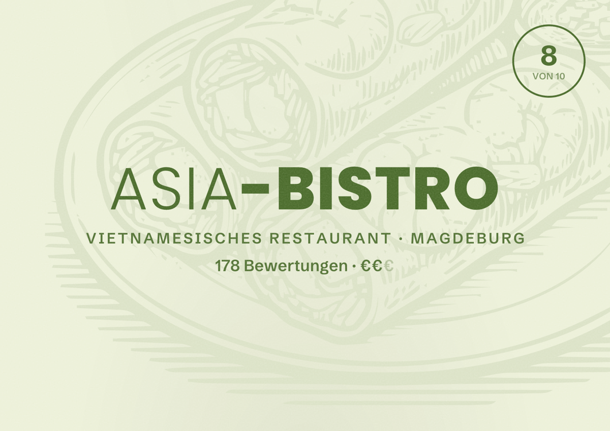 Illustriertes Poster von Asia-Bistro, Vietnamesisches Restaurant in Magdeburg: Bewertung 8,0 von 10 aus 178 Bewertungen, Preisniveau €€