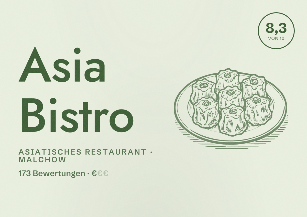 Illustriertes Poster von Asia Bistro, Asiatisches Restaurant in Malchow: Bewertung 8,3 von 10 aus 173 Bewertungen, Preisniveau €